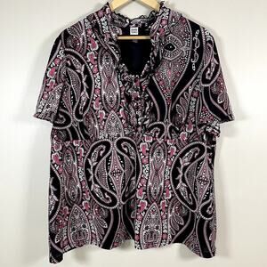STUDIO 1940 Womens 22 Black & Pink Paisley‎ Print Empire Waist y2k Ruffle V-Neck
